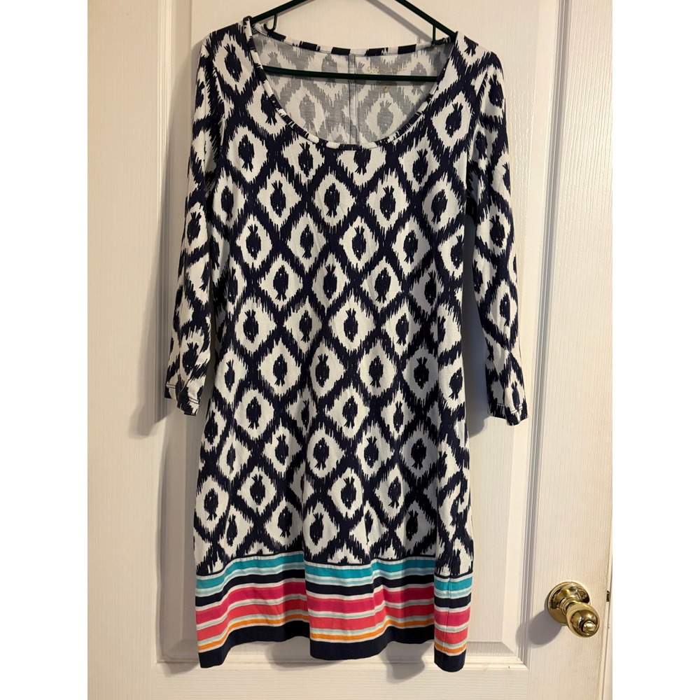 Lilly Pulitzer Shift Dress Womens Medium Blue Ikat Pima Cotton 3/4 Sleeve Coast